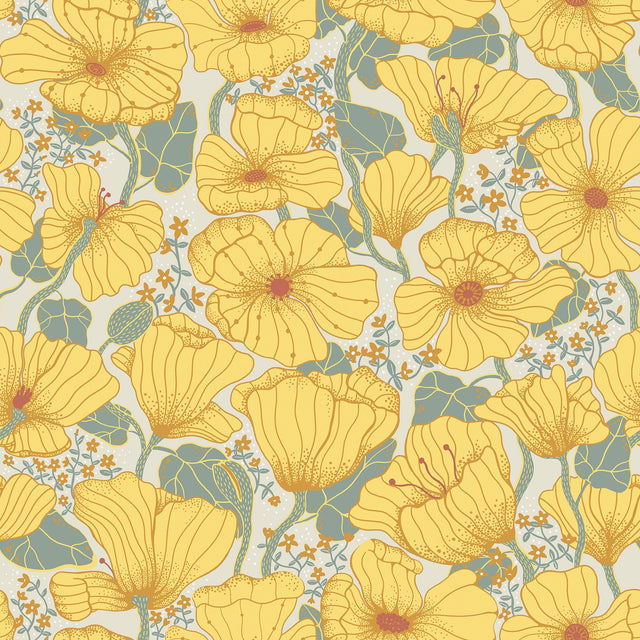 Matilda Yellow Poppy Fields Wallpaper with Botanical Floral Pattern, Scandinavian Style - Brewster 2932-65112
