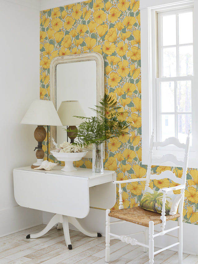 Matilda Yellow Poppy Fields Wallpaper with Botanical Floral Pattern, Scandinavian Style - Brewster 2932-65112