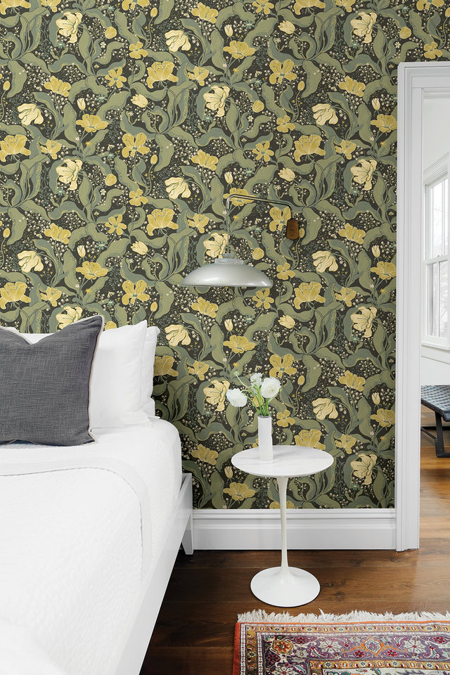 Bodri Green Tulip Garden Wallpaper with Scandinavian Botanical Floral Pattern - A?Street Prints 2932-65113