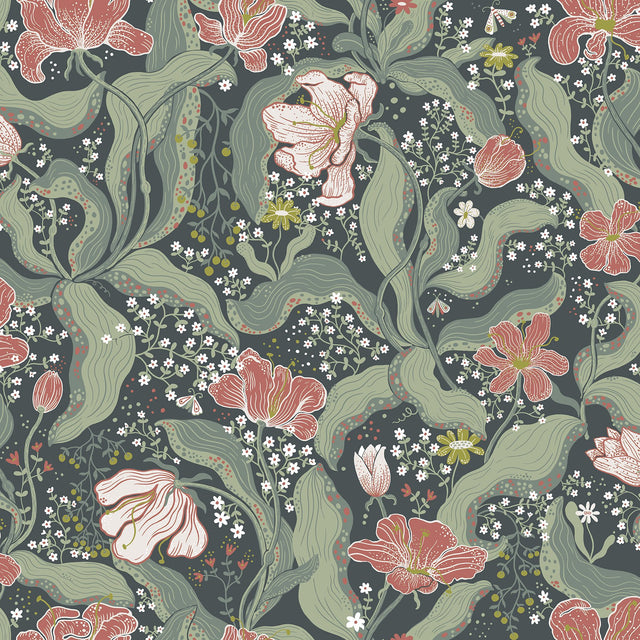 Bodri Turquoise Tulip Garden Wallpaper with Scandinavian Botanical Floral Pattern - A-Street Prints 2932-65116