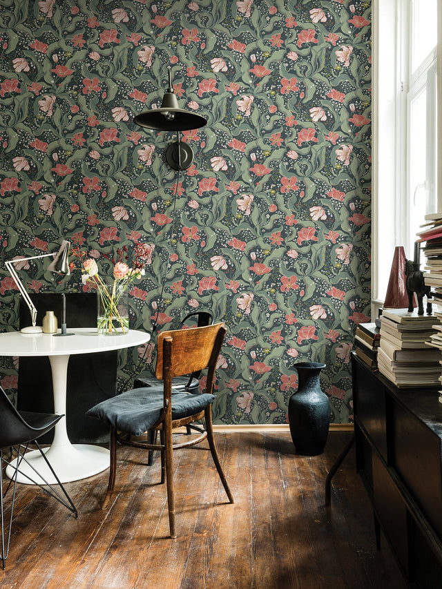 Bodri Turquoise Tulip Garden Wallpaper with Scandinavian Botanical Floral Pattern - A-Street Prints 2932-65116