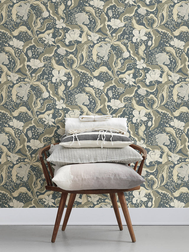 Bodri Blue Tulip Garden Wallpaper with Botanical Scandinavian Floral Pattern - A-Street Prints 2932-65117