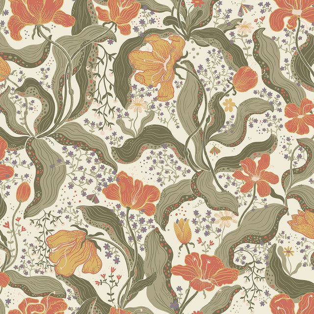 Bodri Dark Green Tulip Garden Wallpaper with Botanical Floral Motif, Scandinavian Style - A-Street Prints 2932-65119