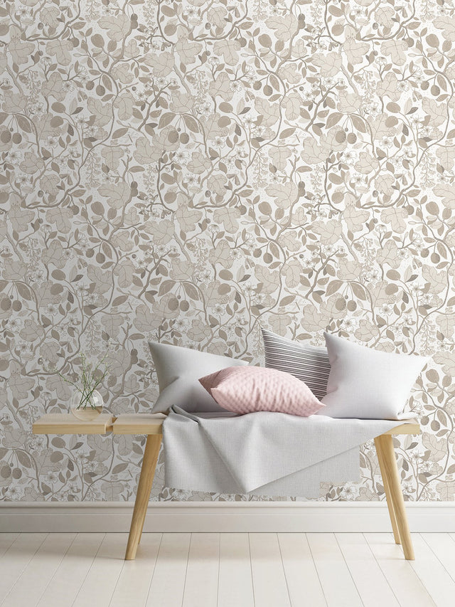 Ewald Beige Garden Vines Wallpaper with Botanical Floral Pattern, Eclectic Style - A-Street Prints 2932-65120