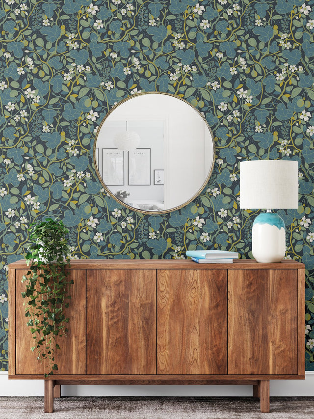 Ewald Blue Garden Vines Wallpaper with Botanical Floral Motif - A-Street Prints 2932-65122