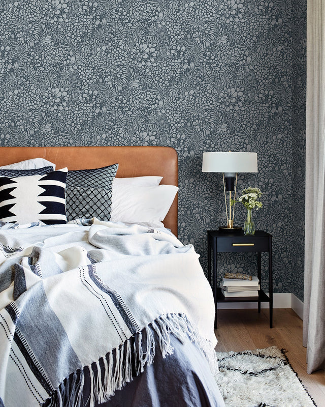 Siv Dark Blue Botanical Wallpaper with Scandinavian Botanical Pattern - A-Street Prints 2932-65129