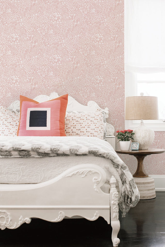 Siv Pink Botanical Wallpaper with Scandinavian White Floral Pattern - A-Street Prints 2932-65134