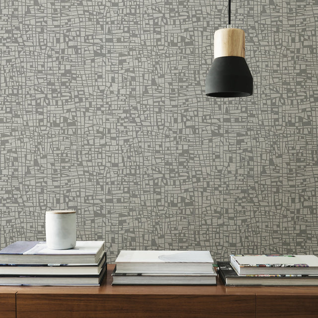 Tiffany Grey Abstract Geometric Wallpaper with Textured Metallic Feature Wall Style - Warner 2945-1115