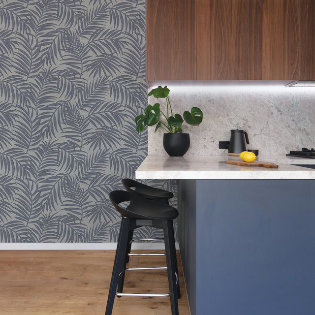 Lanai Pewter Fronds Wallpaper with Tropical Botanical Palm Pattern - Warner 2945-1131