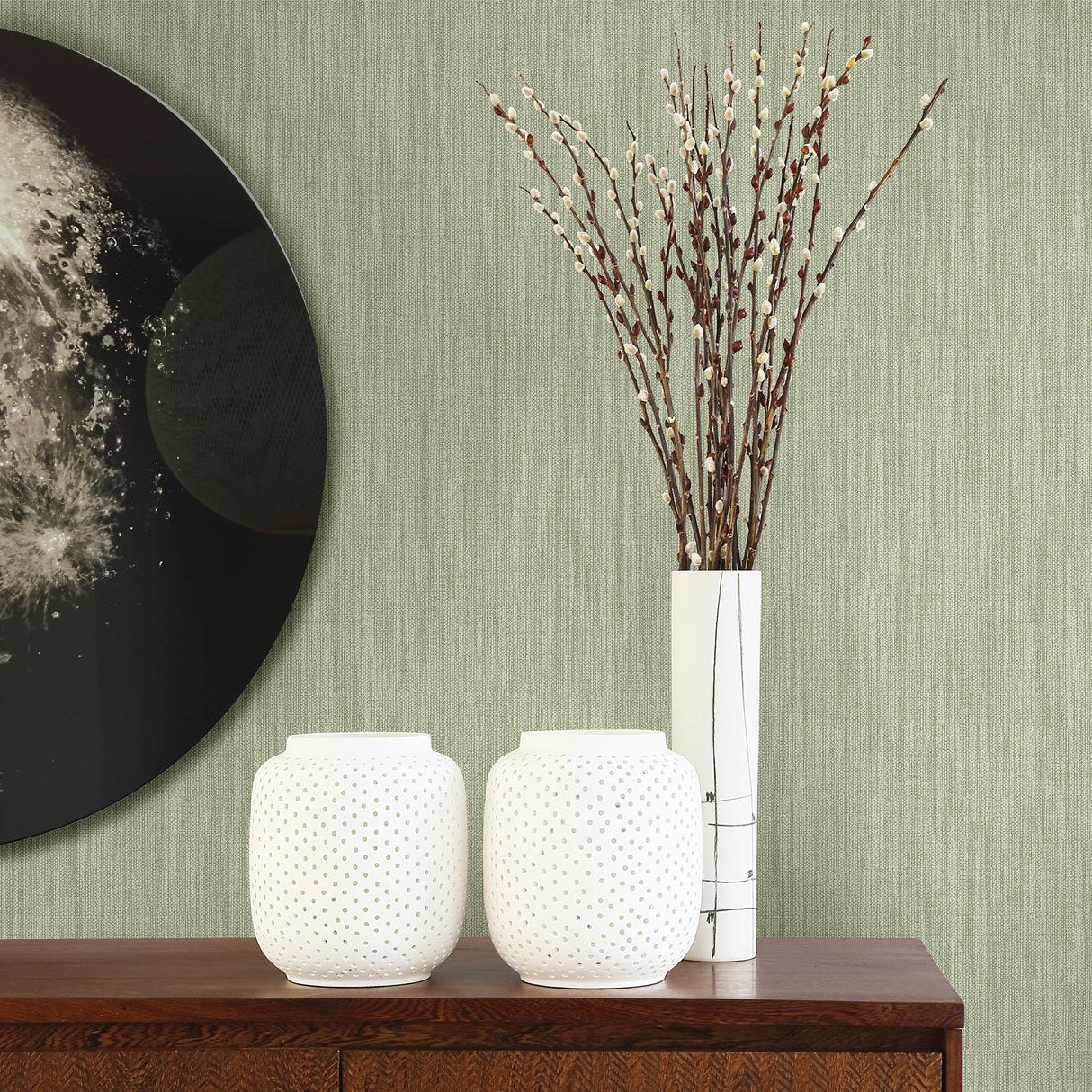 Chiniile Sage by A-Street Prints Faux Linen Fabric Woven Texture Traditional Non Woven Strippable Washable Unpasted Wallpaper - FD25282