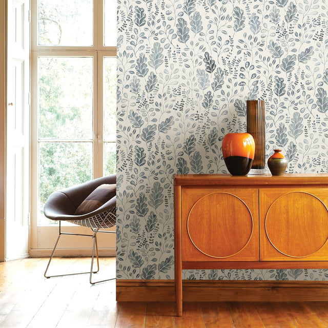 Isha Blue Leaf Wallpaper with Scandinavian Botanical Leaves Motif - A-Street Prints 2948-27013
