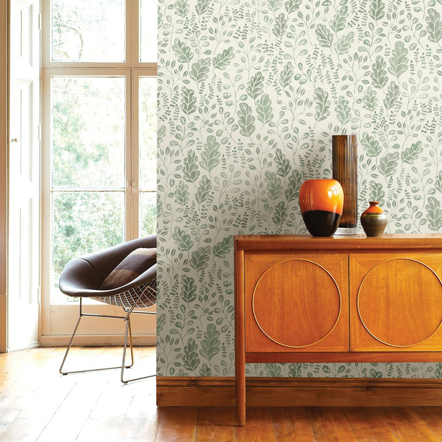 Isha Green Leaf Wallpaper with Scandinavian Botanical Leaf Pattern - A?Street Prints 2948-27014
