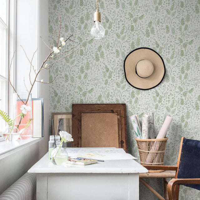 Isha Green Leaf Wallpaper with Scandinavian Botanical Leaf Pattern - A?Street Prints 2948-27014