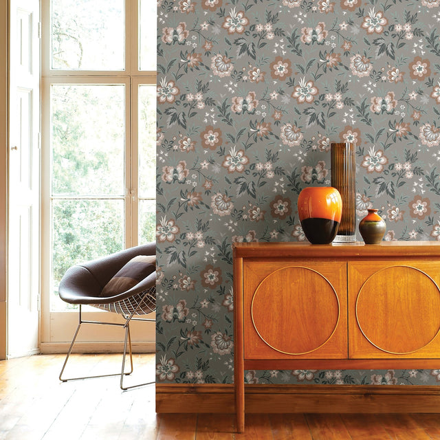 Athena Grey Floral Wallpaper with Scandinavian Botanical Flower Motif - A-Street Prints 2948-28002