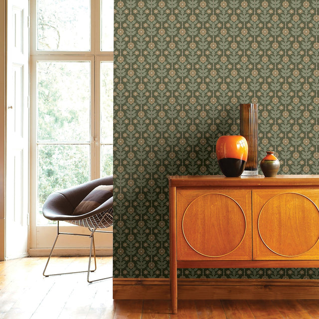 Aya Green Floral Wallpaper with Scandinavian Botanical Flowers - A?Street Prints 2948-28009