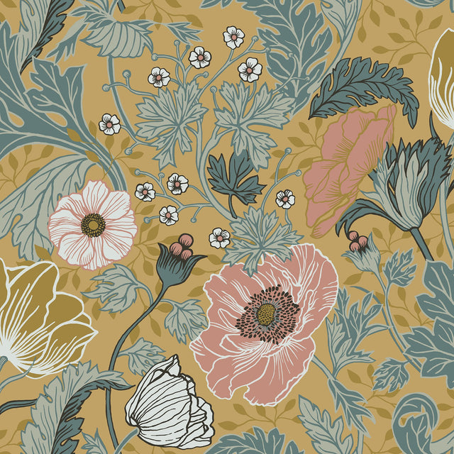 Anemone Mustard Floral Wallpaper with Botanical Flowers Pattern, Scandinavian Non Woven Unpasted - A-Street Prints 2948-33002