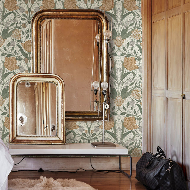 Tulipa Green Floral Wallpaper with Scandinavian Botanical Pattern - A-Street Prints 2948-33006
