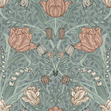 Tulipa Sage Floral Wallpaper by A-Street Prints - MD33010 - Scandinavian Botanical Vintage Tulip Pattern in Sage Green with Pink and Rust Flowers