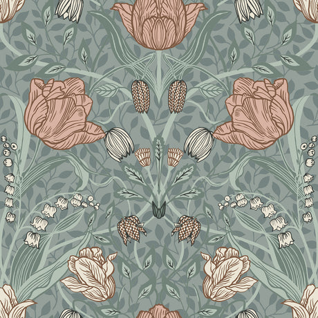 Tulipa Sage Floral Wallpaper by A-Street Prints - MD33010 - Scandinavian Botanical Vintage Tulip Pattern in Sage Green with Pink and Rust Flowers