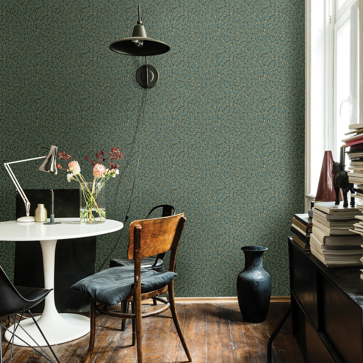 Posey Green Vines Wallpaper with Botanical Leaf Motif, Scandinavian Style - A-Street Prints 2948-33020