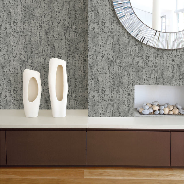 Malawi Dark Grey Leather Texture Wallpaper with Distressed Textures Pattern, Masculine Style - Brewster 2949-60200