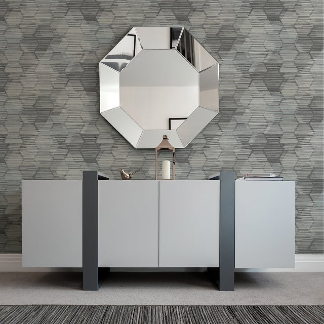 Jabari Charcoal Geometric Faux Grasscloth Wallpaper with Modern Honeycomb Pattern - A-Street Prints 2949-60500