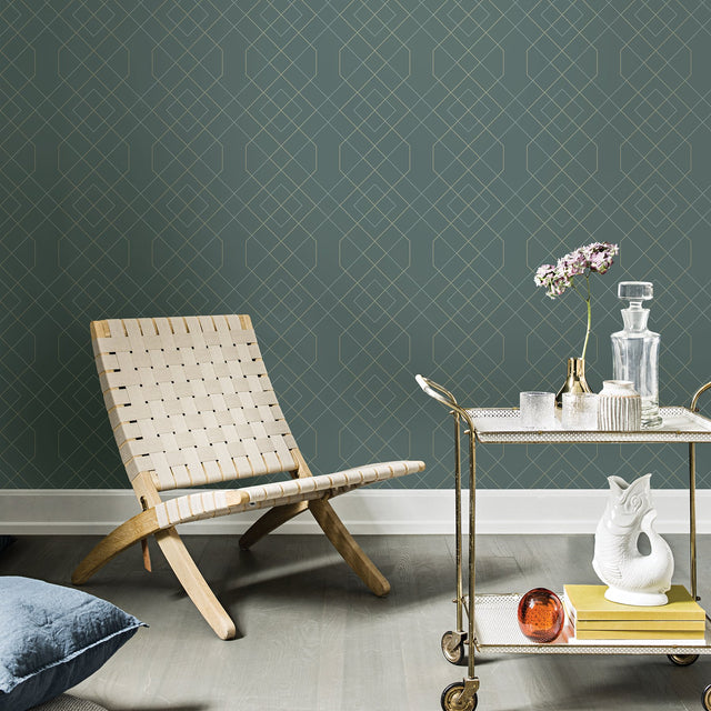 Ballard Teal Geometric Wallpaper with Gold Metallic Linework - A?Street Prints 2964-25911