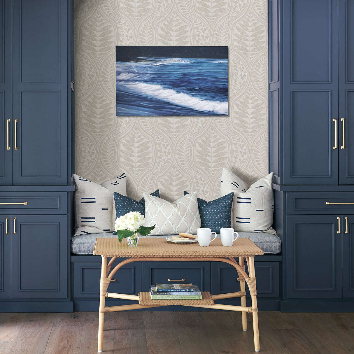 Juno Beige Ogee Wallpaper with Scandinavian Botanical Leaf Motif - A-Street Prints 2964-25949