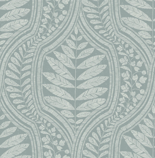 Juno Teal Ogee Wallpaper with Scandinavian Botanical Leaf Pattern - A-Street Prints 2964-25950