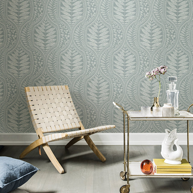 Juno Teal Ogee Wallpaper with Scandinavian Botanical Leaf Pattern - A-Street Prints 2964-25950