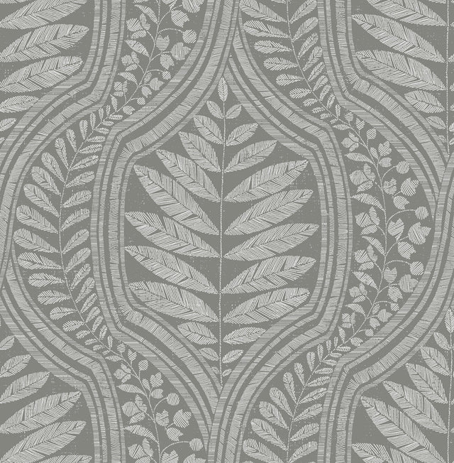 Juno Dark Grey Ogee Wallpaper with Botanical Leaf Ogee - A-Street Prints 2964-25951
