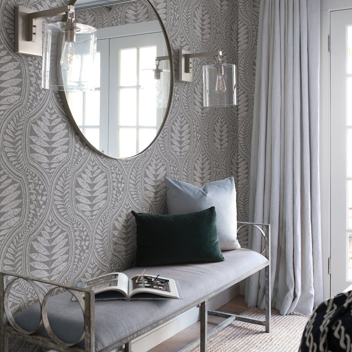 Juno Dark Grey Ogee Wallpaper with Botanical Leaf Ogee - A-Street Prints 2964-25951