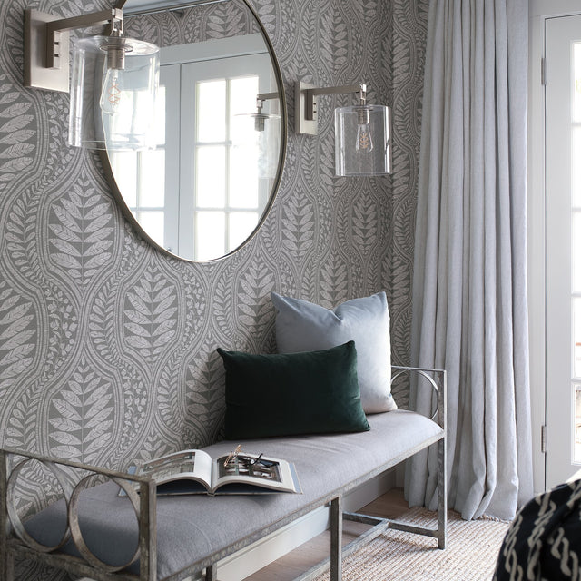 Juno Dark Grey Ogee Wallpaper with Botanical Leaf Ogee - A-Street Prints 2964-25951