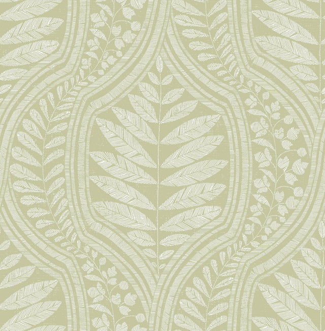 Juno Green Ogee Wallpaper with Scandinavian Botanical Leaf Motif - A-Street Prints 2964-25952