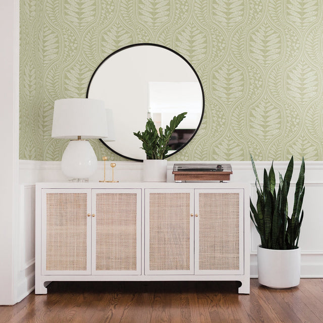 Juno Green Ogee Wallpaper with Scandinavian Botanical Leaf Motif - A-Street Prints 2964-25952