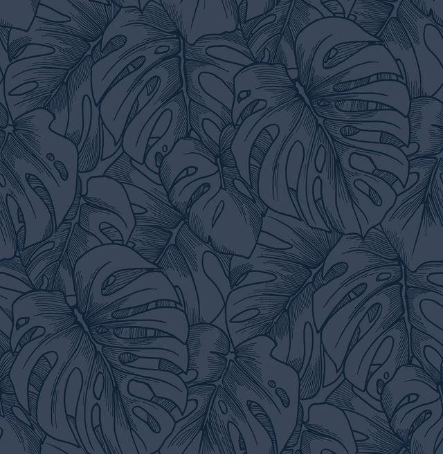 Balboa Indigo Botanical Wallpaper with Flocked Leaf Motif - A?Street Prints 2964-87342