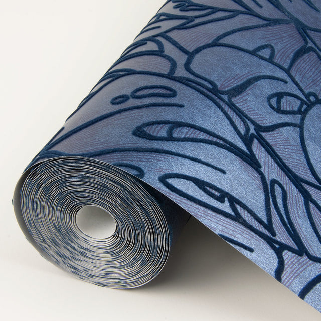 Balboa Indigo Botanical Wallpaper with Flocked Leaf Motif - A?Street Prints 2964-87342