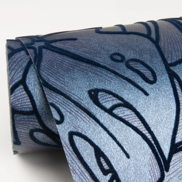Balboa Indigo Botanical Wallpaper with Flocked Leaf Motif - A?Street Prints 2964-87342