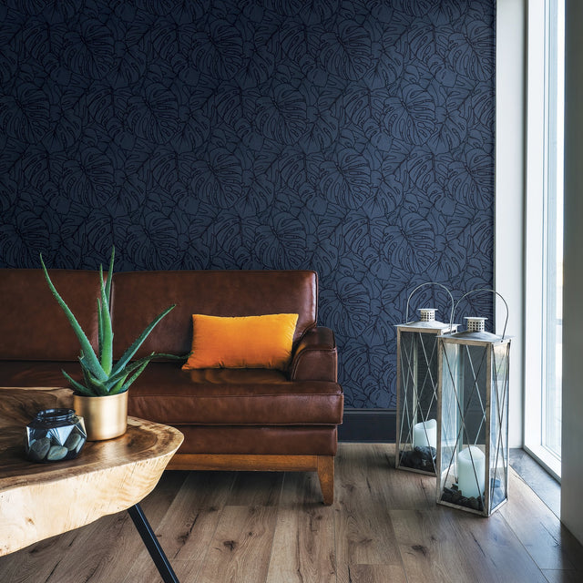 Balboa Indigo Botanical Wallpaper with Flocked Leaf Motif - A?Street Prints 2964-87342