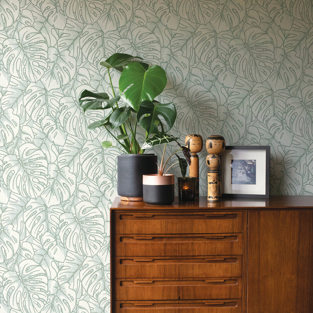 Balboa Olive Botanical Wallpaper with Flocked Leaf Pattern - A?Street Prints 2964-87343