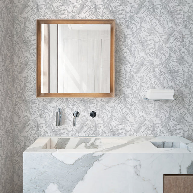 Balboa Silver Botanical Wallpaper with Metallic Monstera Leaf Motif - A-Street Prints 2964-87344