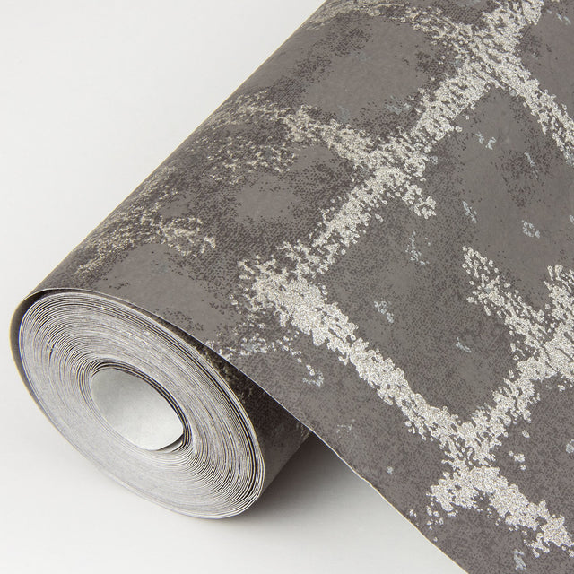 Shea Charcoal Distressed Geometric Wallpaper with Metallic Modern Graphics - Brewster 2964-87349