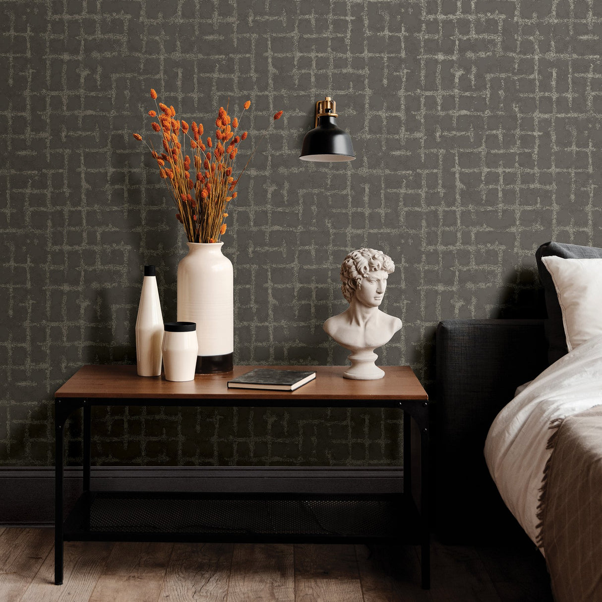 Shea Charcoal Distressed Geometric Wallpaper with Metallic Modern Graphics - Brewster 2964-87349