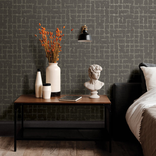 Shea Charcoal Distressed Geometric Wallpaper with Metallic Modern Graphics - Brewster 2964-87349