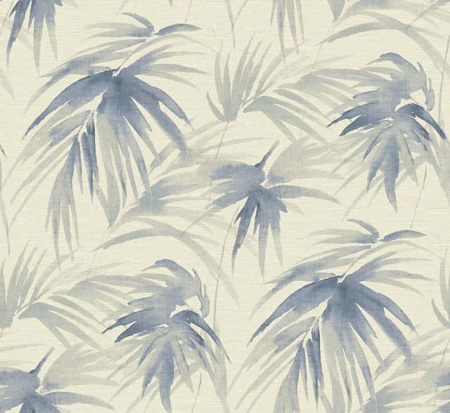 Darlana Blue Grasscloth Wallpaper with Botanical Palm Fronds Textured Traditional - Brewster 2964-87410