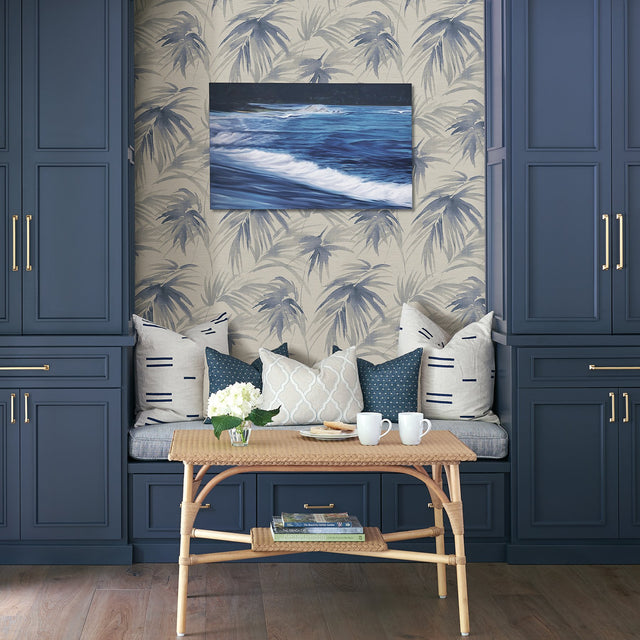 Darlana Blue Grasscloth Wallpaper with Botanical Palm Fronds Textured Traditional - Brewster 2964-87410