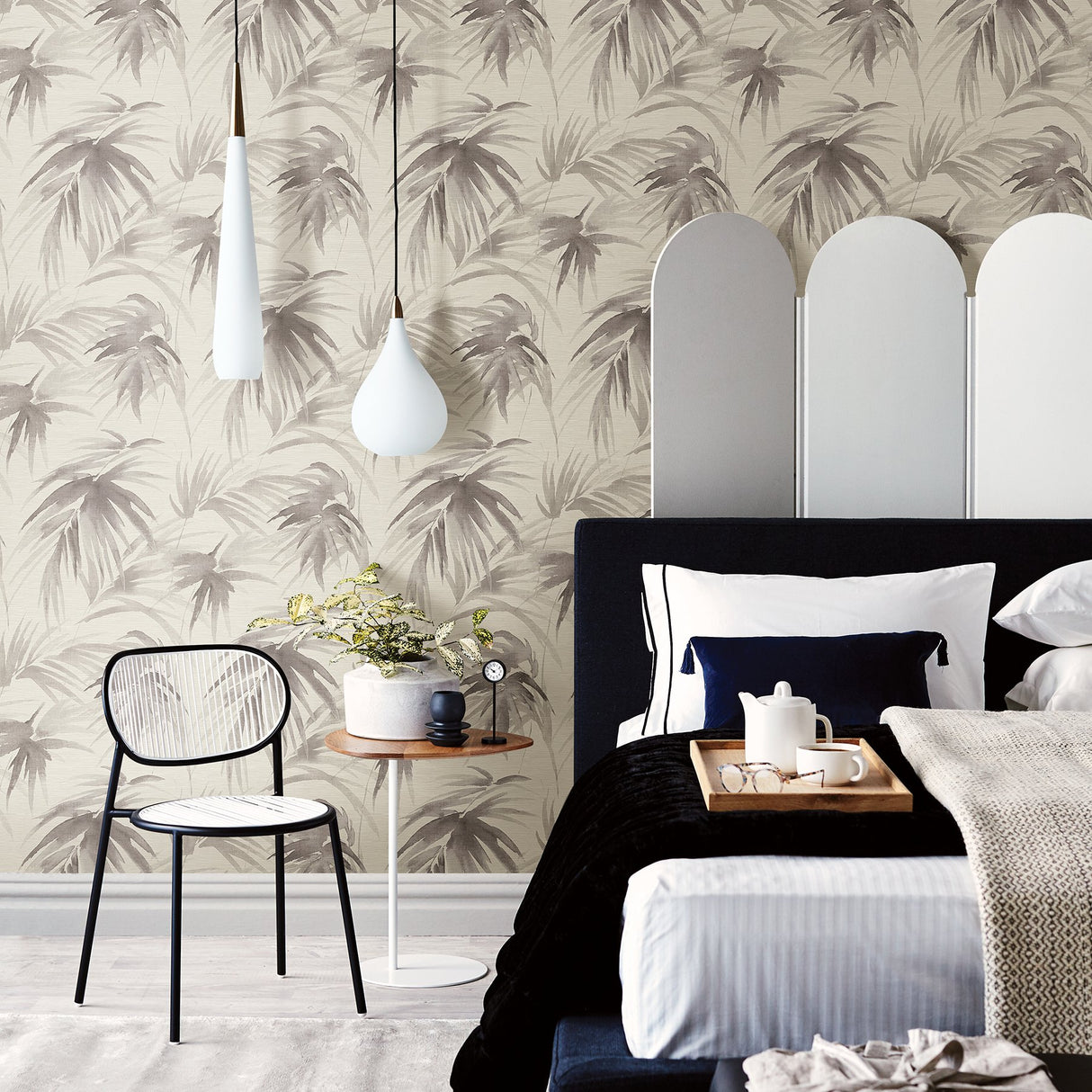 Darlana Pewter Grasscloth Wallpaper with Botanical Palm Motif - Brewster 2964-87411