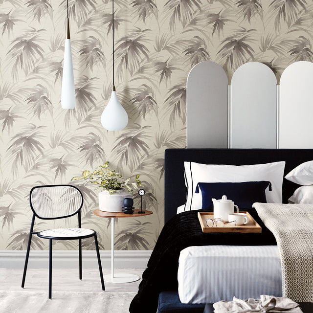 Darlana Pewter Grasscloth Wallpaper with Botanical Palm Motif - Brewster 2964-87411