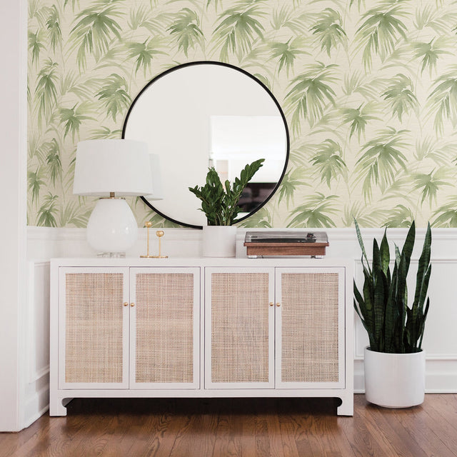 Darlana Green Grasscloth Wallpaper with Botanical Palm Motif - A-Street Prints 2964-87413