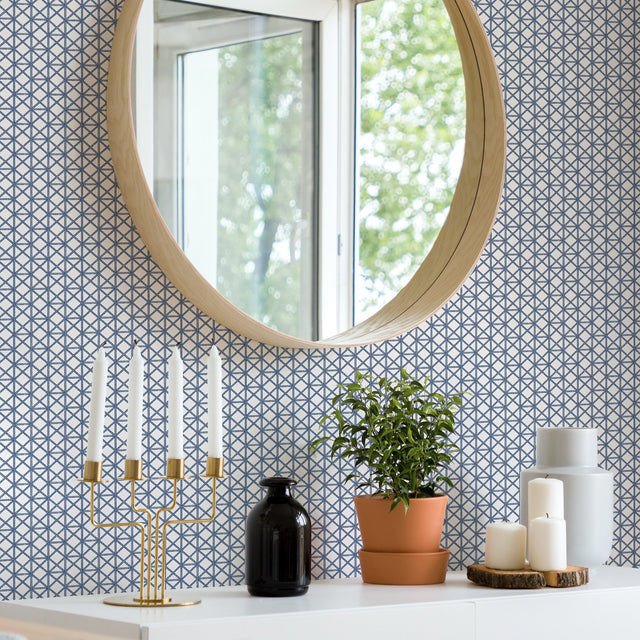 Lisbeth Blue Geometric Lattice Wallpaper with Coastal Graphic Trellis - A-Street Prints 2969-26005